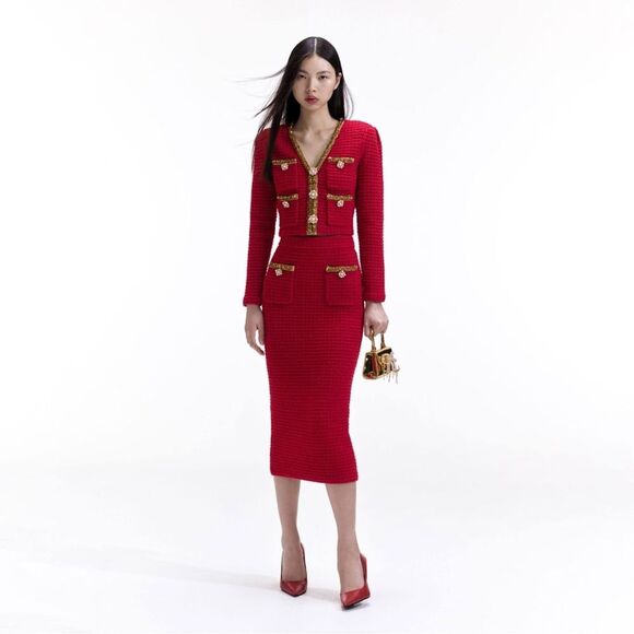 Self-Portrait Sweaters - NWOT SELF-PORTRAIT BEAD-EMBELLISHED WAFFLE-KNIT V NECK TWEED CARDIGAN - RED
